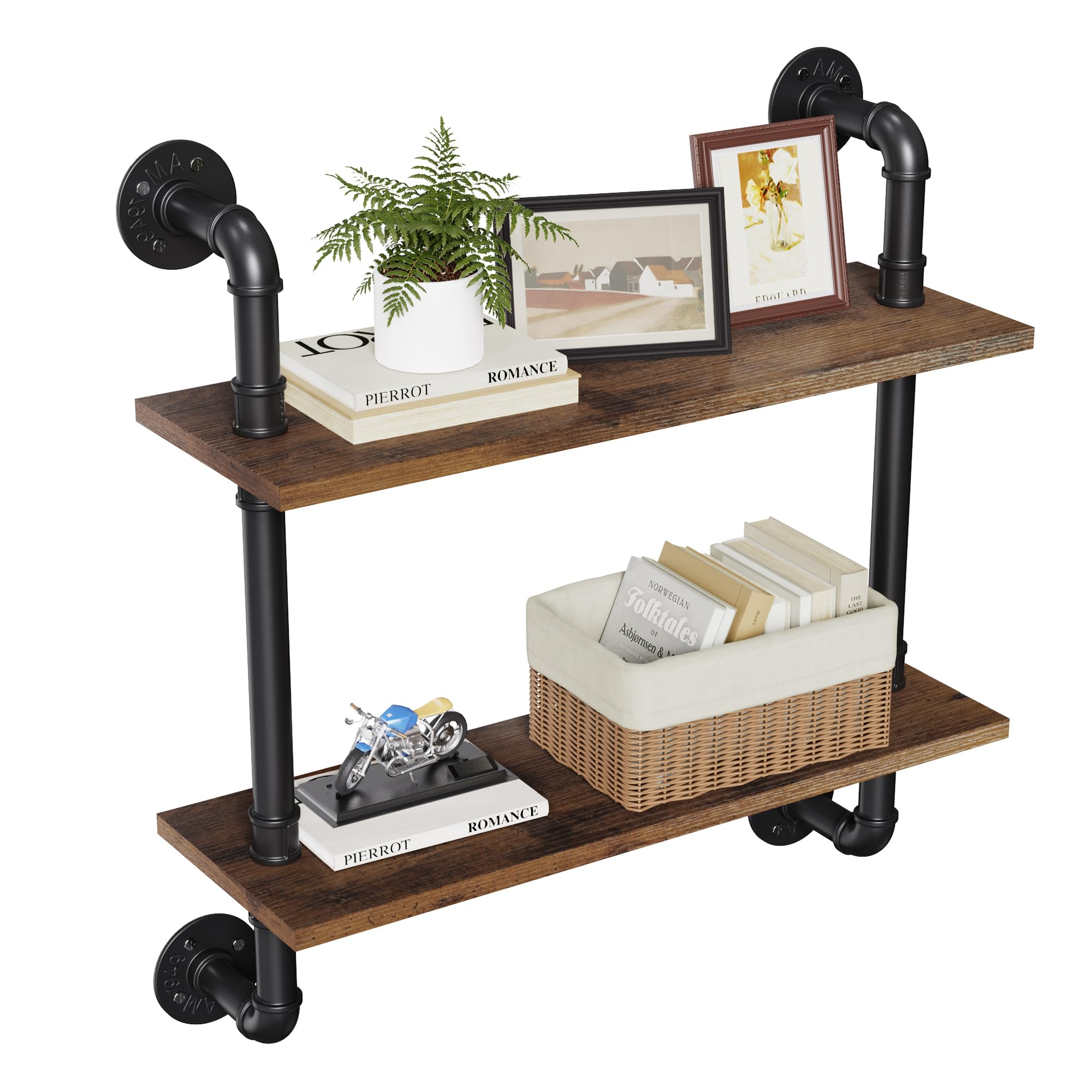 Merapi 24" Industrial Floating Shelves, Pipe Shelves For Wall, 2 Tier ... intended for 2 Tier Oak Wood Floating Shelf With Metal Tube, Sandy Black