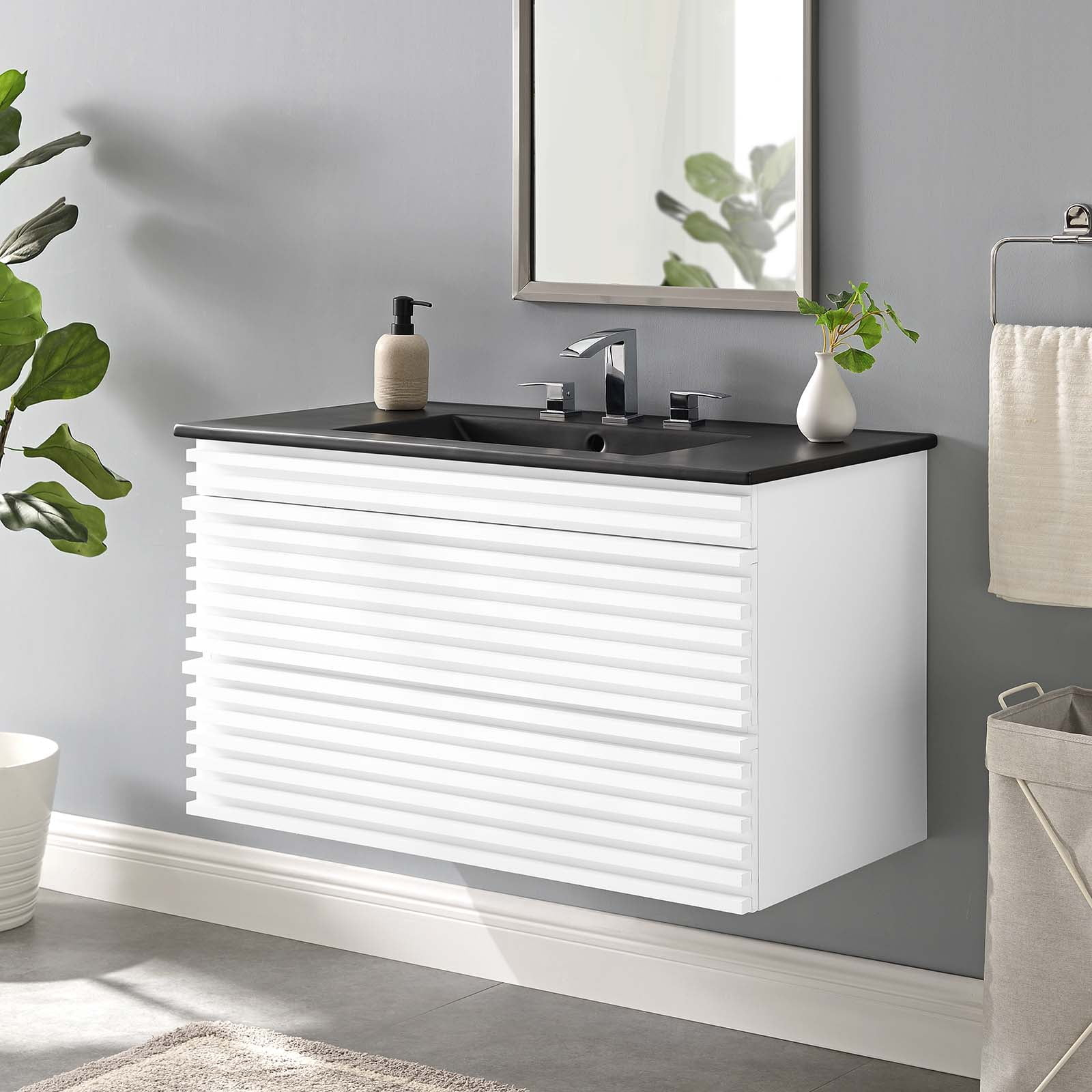 Modway Render 36" Wall-Mount Bathroom Vanity In White Black - Walmart.com inside Render 36" Wall-Mount Bathroom Vanity Cabinet