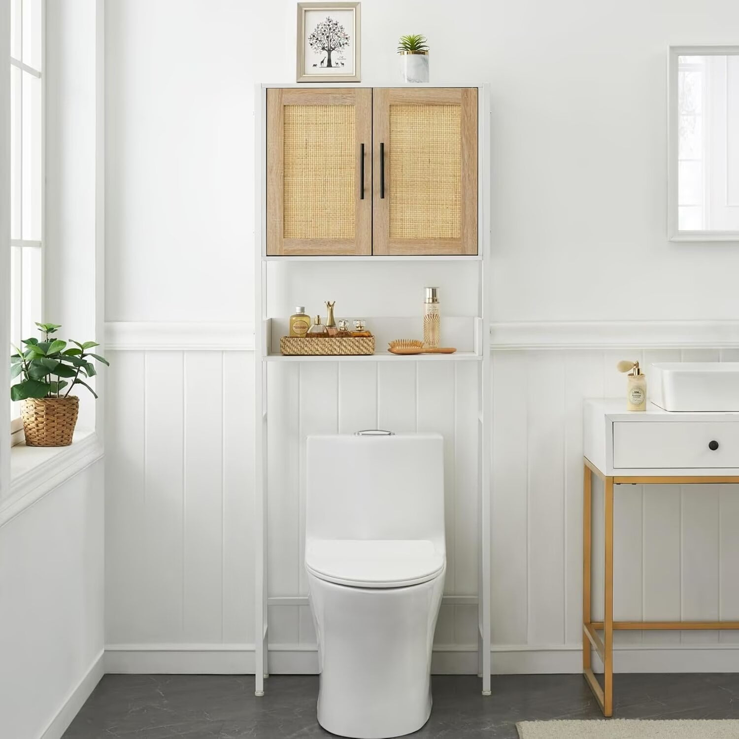 Over The Toilet Storage Shelf With Doors, Rattan Bathroom Organizer ... in Bathroom organization hack one shelf above toilet tank white plastic rattan