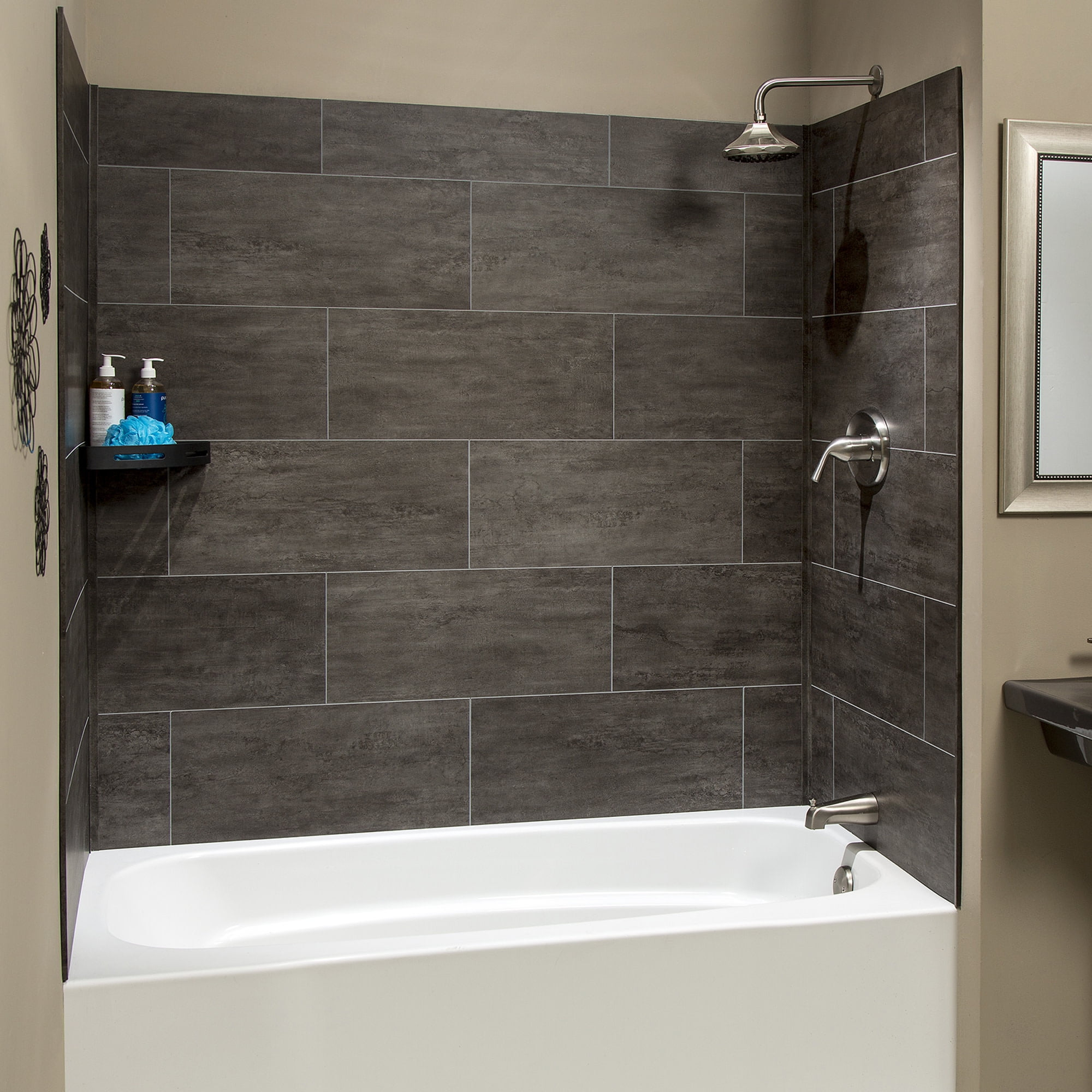 Palisade 23.2In Vinyl Interlocking Wall Tile Shower Kit, Ashen Slate ... with 13"X20" Shower Truniche