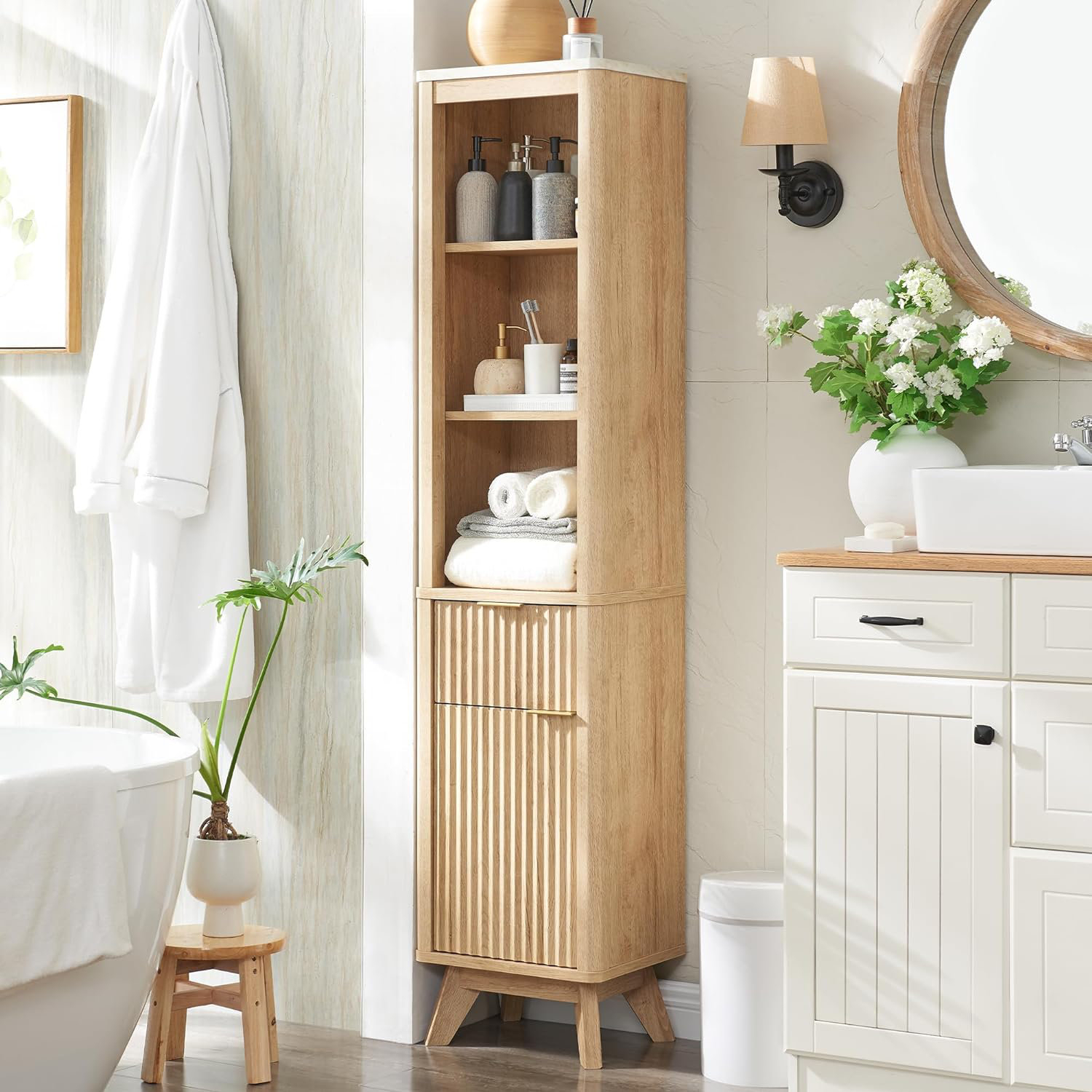 Rebrilliant Naina Farmhouse Tall Corner Bathroom Cabinet, Free Standing ... with regard to How Nuna Mango Wood Cabinets Transform Small Bathroom Organization
