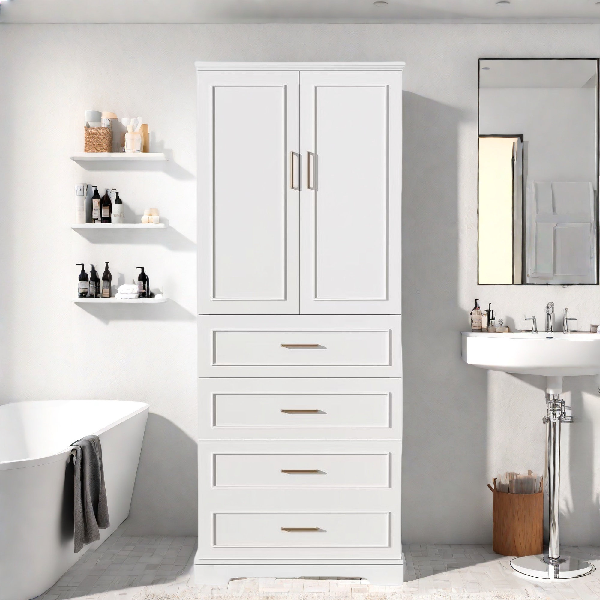 Rebrilliant Tall Freestanding Bathroom Cabinet With 3 Drawers ... pertaining to 68" Tall Freestanding Bath Cabinet, 3 Drawers And Adjustable Shelf, White