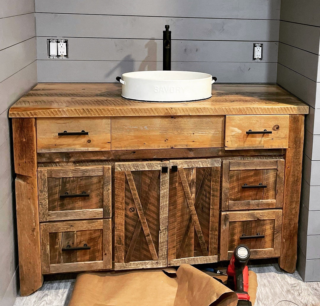 Reclaimed Rustic Barnwood Sink Base Vanity, Reclaimed Barnwood Bathroom ... within Wiley Rustic Reclaimed Wood Bathroom Vanity