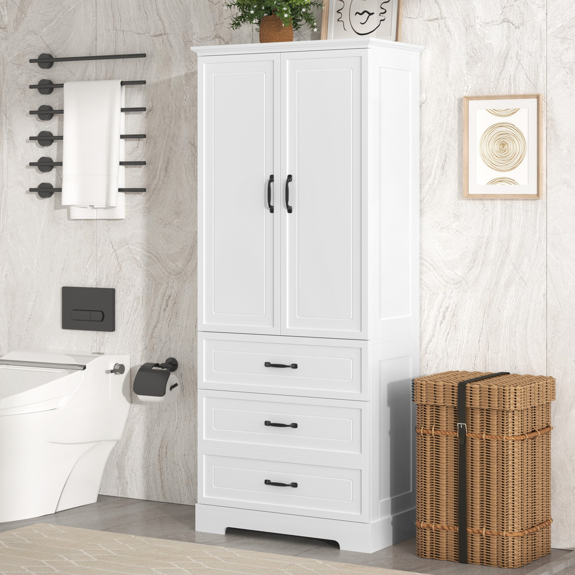 Red Barrel Studio® Tall Linen Cabinet With 3 Drawers, Freestanding ... pertaining to Universal Tall Linen Cabinet