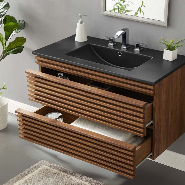 Render 36" Mid-Century Modern Wall-Mount Bathroom Vanity With Walnut ... with Render 36" Wall-Mount Bathroom Vanity Cabinet