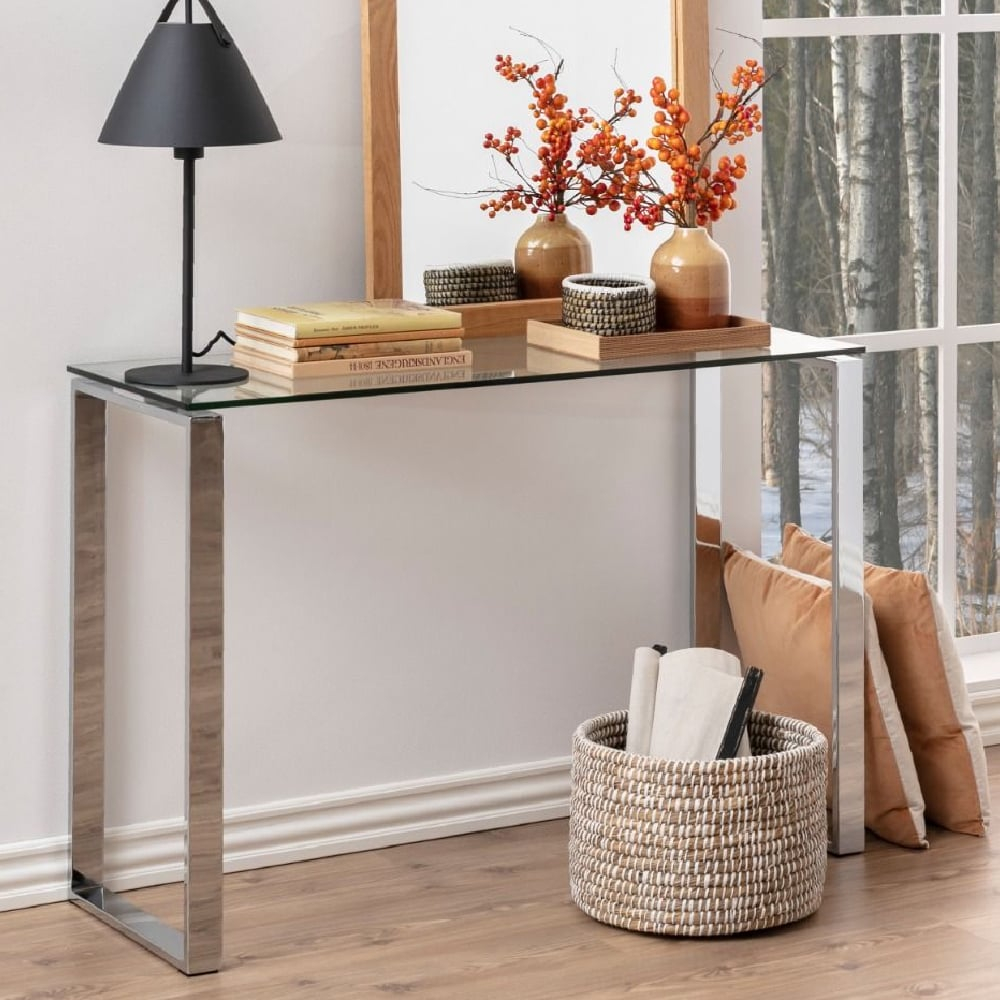 Romelo Clear Glass Console Table With Satin Nickel Frame | Furniture In ... throughout How Linon Summit Console Combines Modern Aesthetics with Practical Functionality