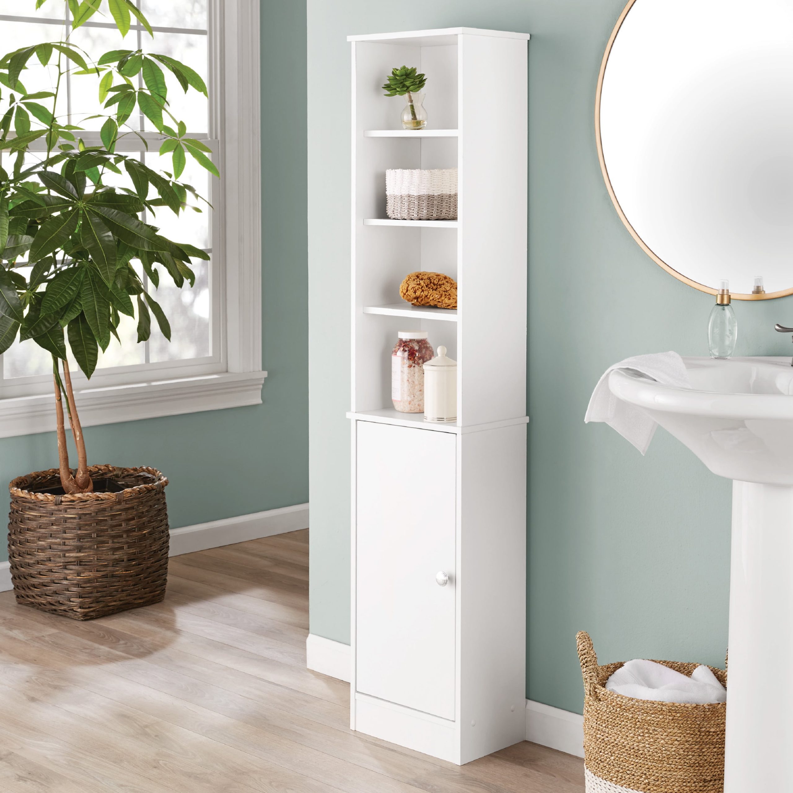 Sauder Bath Soft White Floor Cabinet | Cabinets Matttroy throughout Sauder Caraway Engineered Wood Etagere In Soft White