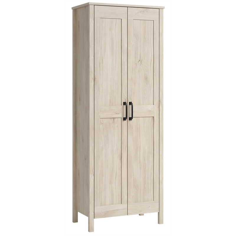 Sauder Engineered Wood 2-Door Storage Cabinet In Chalk Oak Finish ... within Sauder Hillmont Farm Engineered Wood Storage Cabinet In Timber Oak