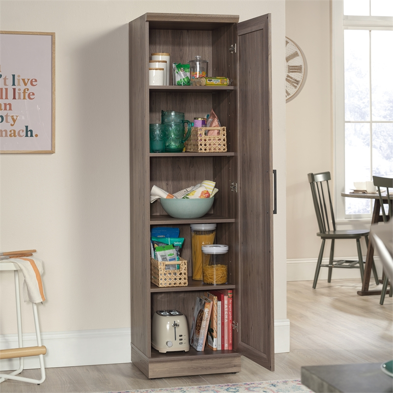 Sauder Homeplus Engineered Wood Single Door Pantry In Salt Oak Finish ... throughout How to properly maintain your Raven Oak finish pantry cabinet for long-lasting use