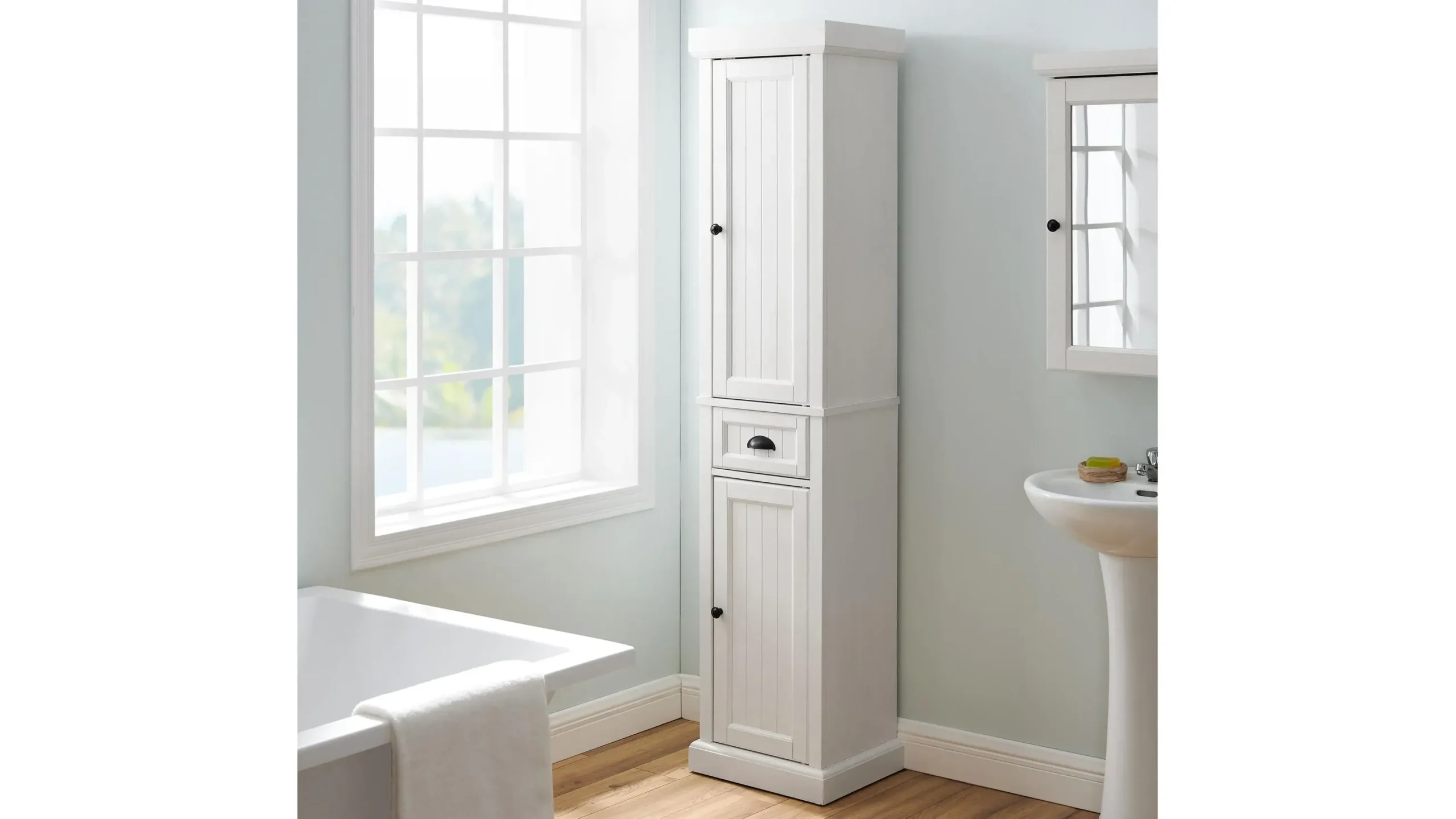 Seaside Tall Linen Cabinet | Raymour & Flanigan pertaining to Seaside Tall Linen Cabinet Distressed Black