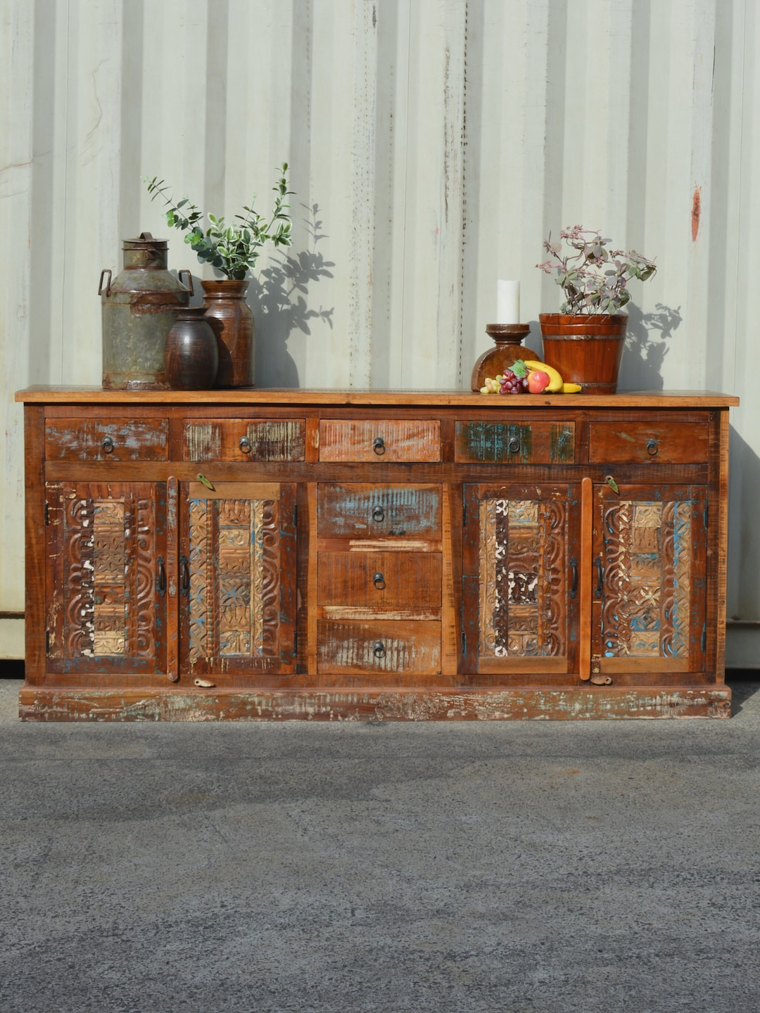 Solid Timber Carved Recycled Finish Farmhouse Country Sideboard Large ... for Solid Recycled Fir Side Cabinet