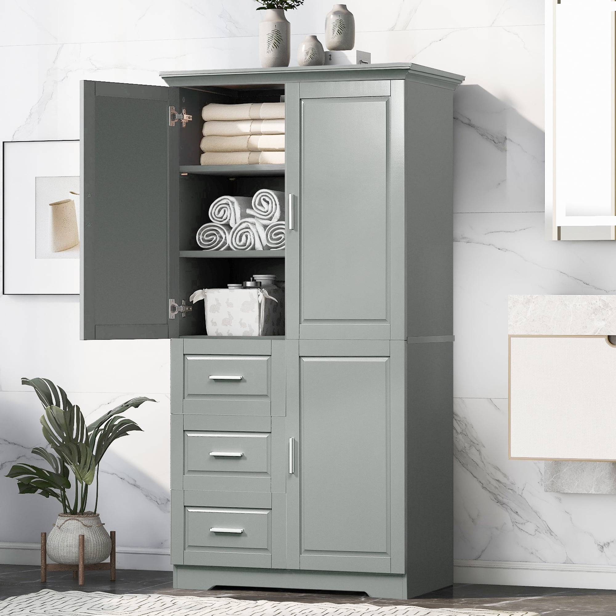 Tall And Wide Storage Cabinet With Doors And 3 Drawers,Free Standing ... regarding Gewnee Tall And Wide Storage Cabinet