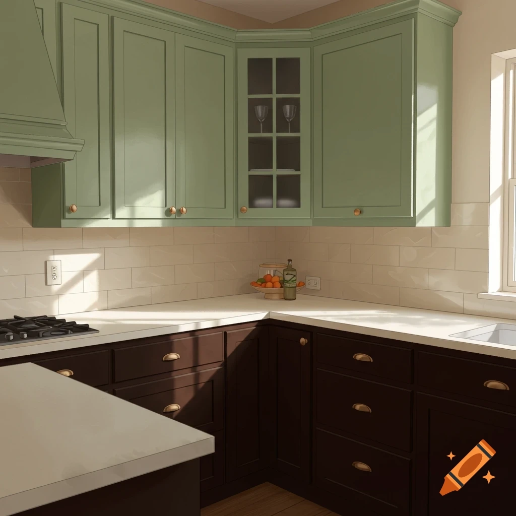 Two-Toned Kitchen With Sage Upper And Espresso Base Cabinets, Beige ... pertaining to 16" Cabinet, Espresso