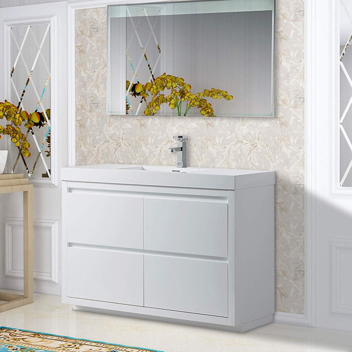Vanity Art White High Glossy Finish 48" Single Sink Floor Standing Wall ... intended for Vanity Art Vanity Cabinet, 12", White