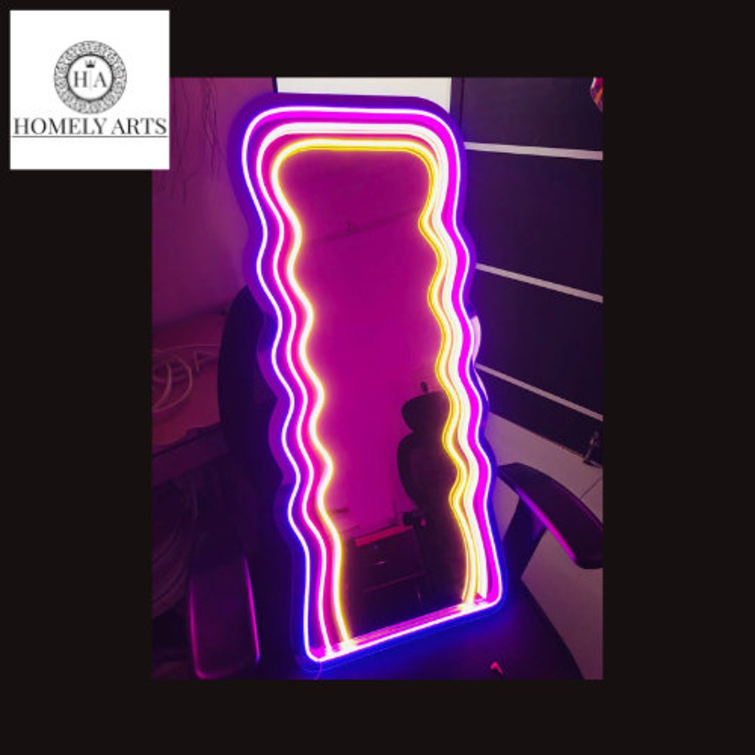Wavy Neon Mirror, Wall Mirror, Wall Decor, Makeup Mirror, Cusotm Neon ... for Neon Wall Mirror, Blue