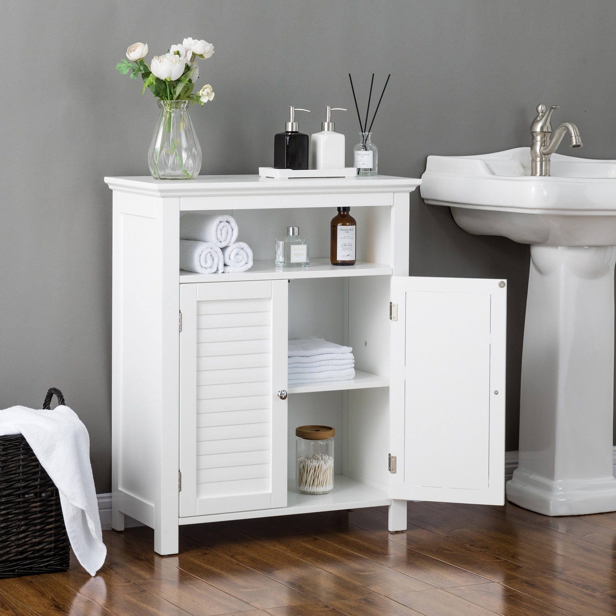 White 2 Door Bathroom Cabinet – Rispa with 32" Wood 2-Door Bathroom Corner Cabinet