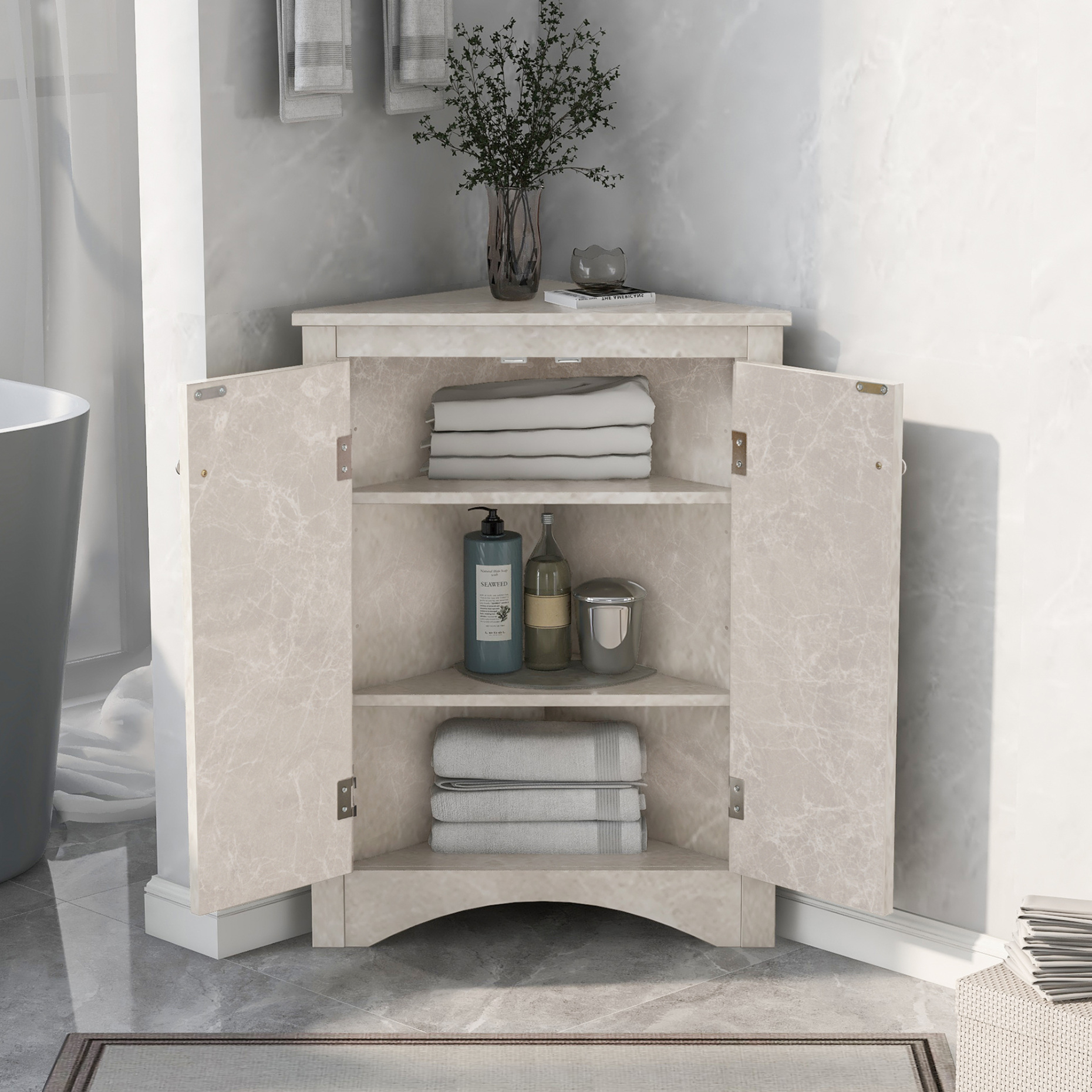 White Marble Triangle Bathroom Storage Cabinet With Adjustable Shelves ... for Building smarter bathroom storage with strategic triangular layouts