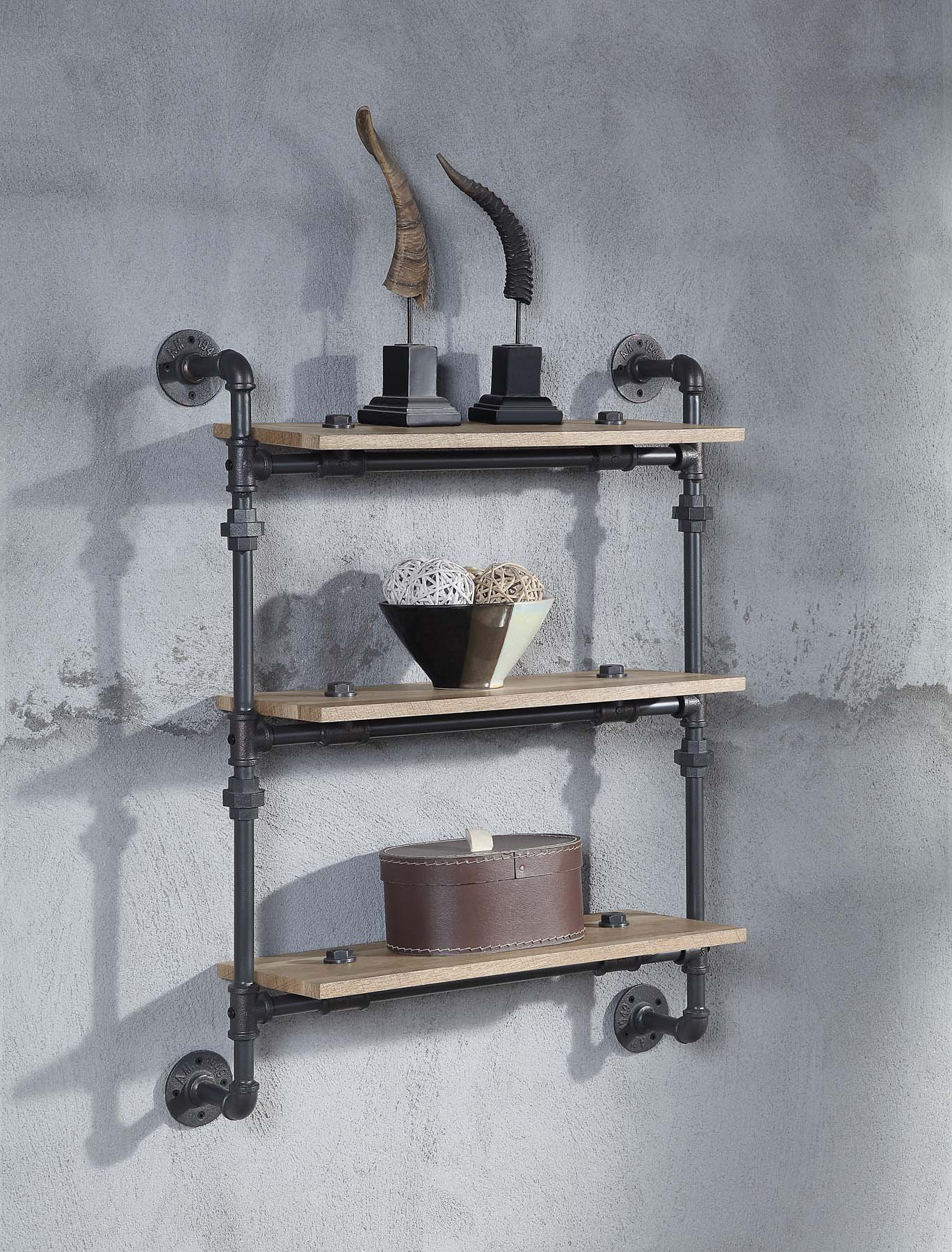 Williston Forge 3 Tier Oak Wood Floating Shelf With Metal Tube, Sandy ... pertaining to 2 Tier Oak Wood Floating Shelf With Metal Tube, Sandy Black