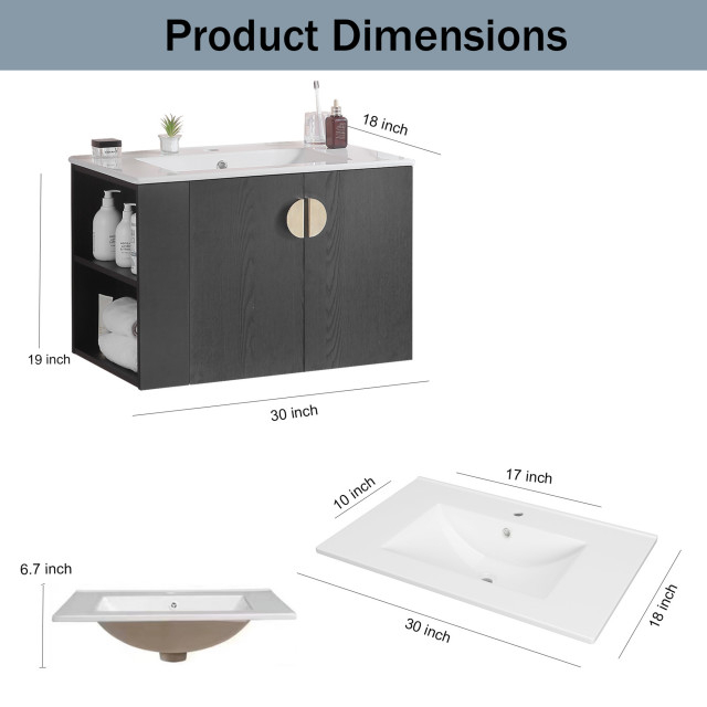 30 Inches Plywood Wall-Mounted Bath Vanity Set, Integrated Ceramic Sink ... intended for Space-Saving Solutions: Maximizing Small Bathroom Potential with Wall Vans
