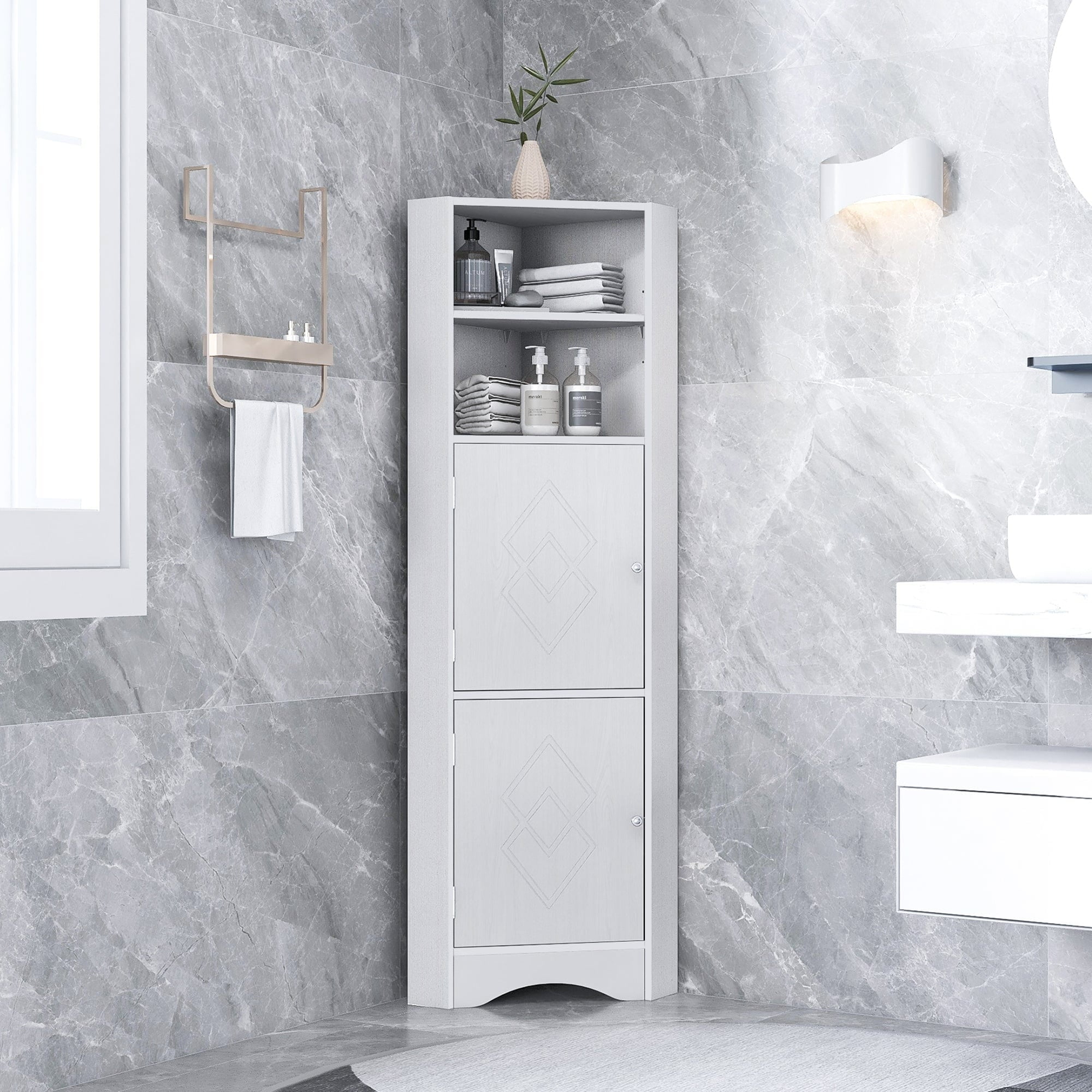 61" Wood 2-Door Bathroom Corner Cabinet With Exterior Shelves White ... inside The art of selecting 32 inch wood 2 door bath corner cabinets for functionality