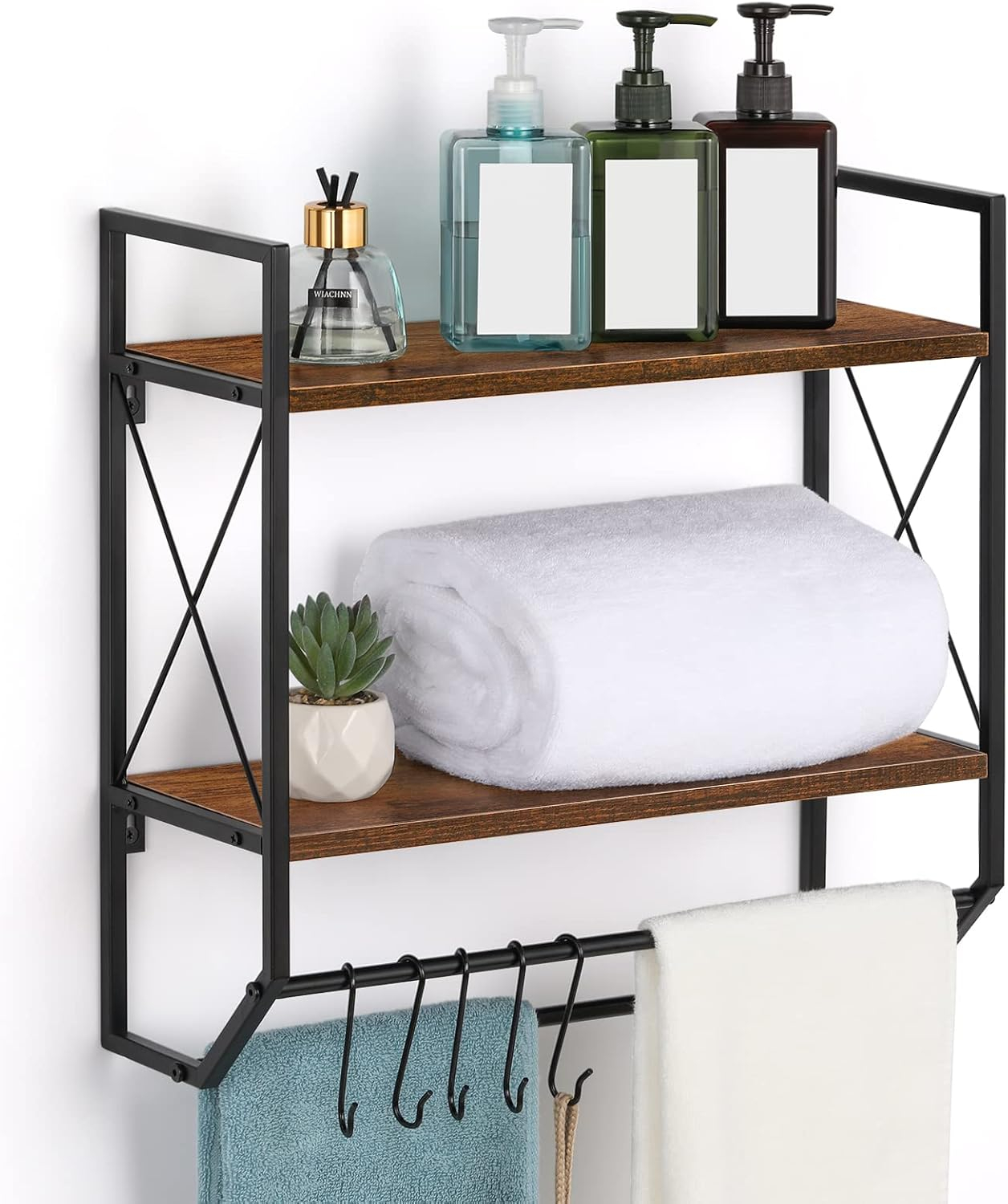 Amazon.com: Bathroom Towel Rack 2 Tier Wall Shelf With Towel Bar ... intended for Bathroom Essentials - 24" Rustic Shelf W/ 18" Towel Bar
