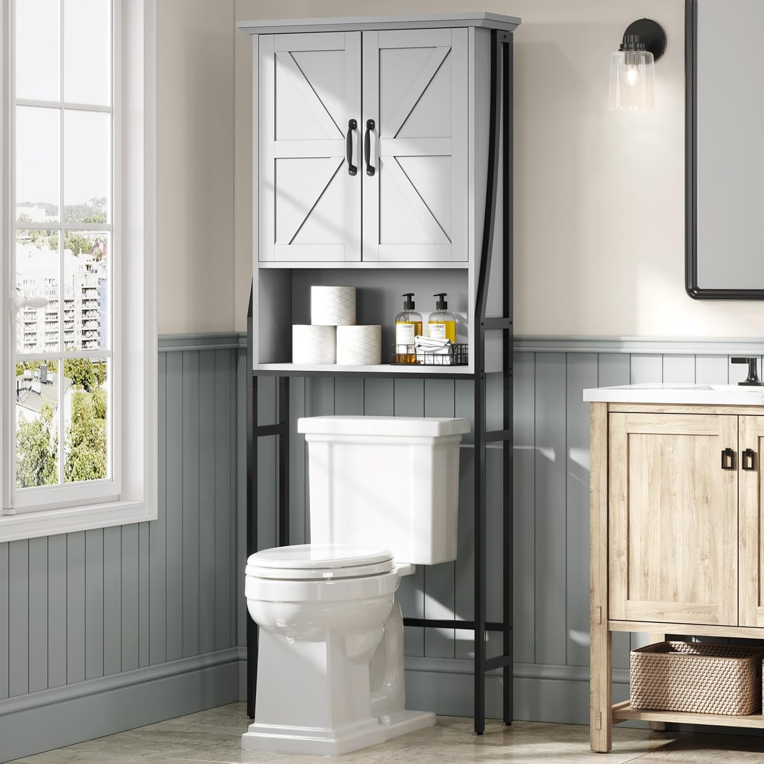 Amazon.com: Mxarltr Over The Toilet Storage Cabinet, Over Toilet ... pertaining to 65" Tall Neutral Over-The-Toilet Bath Cabinet, Shelf And Two Doors