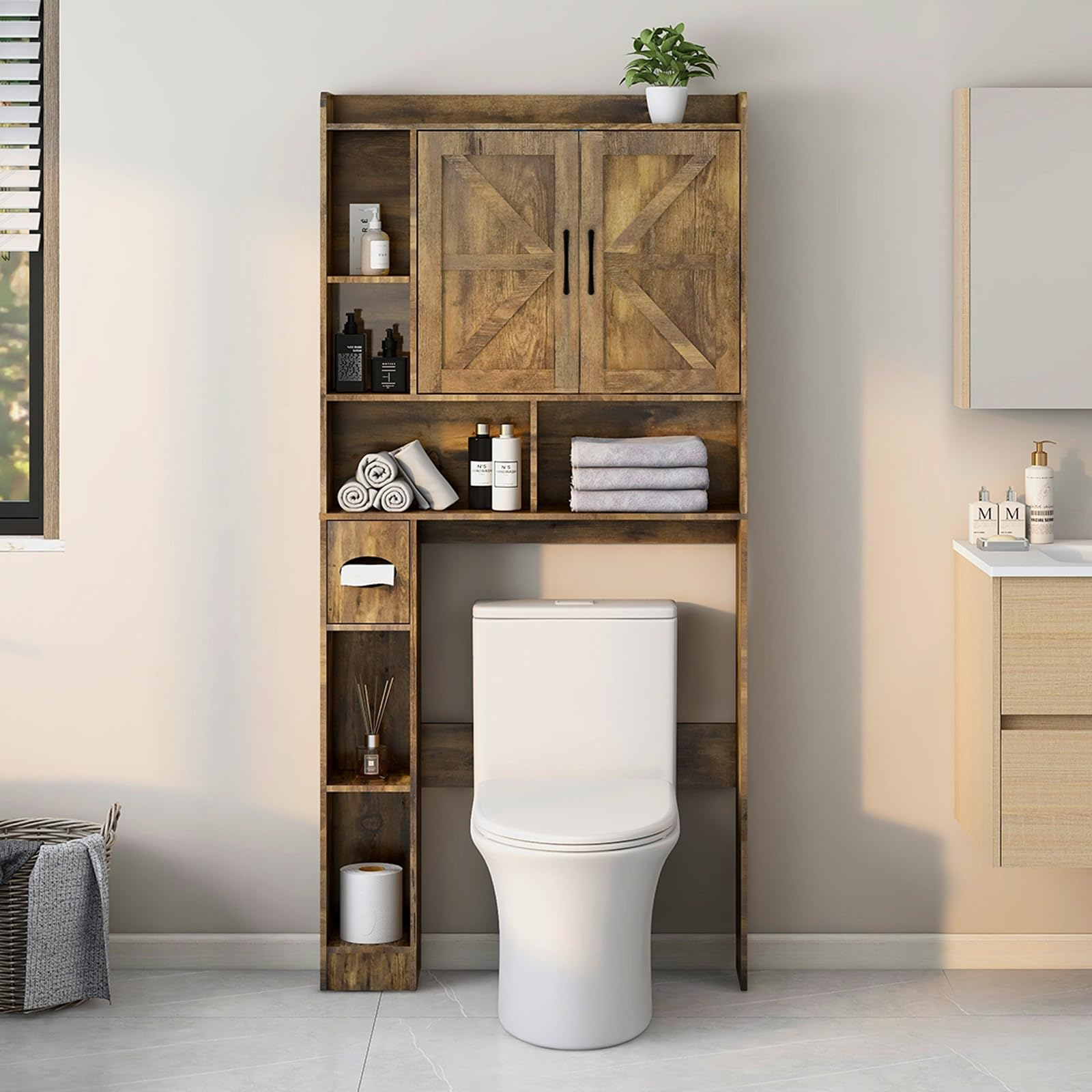 Amazon.com: Over The Toilet Storage Cabinet, Farmhouse Storage Cabinet ... pertaining to Designing bathrooms with 65 inch tall neutral over-the-toilet cabinets