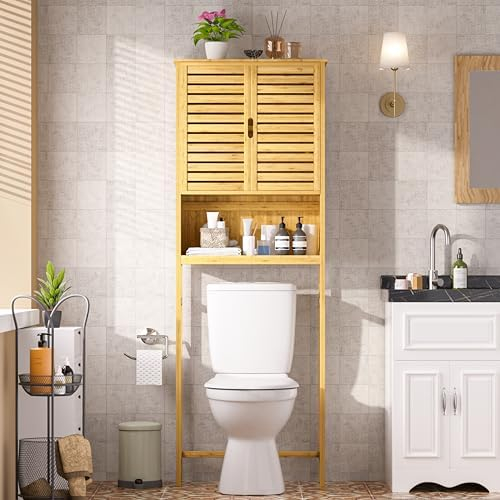 Amazon.com: Veikou Over The Toilet Storage Cabinet, Bamboo Over Toilet ... in 65" Tall Neutral Over-The-Toilet Bath Cabinet, Shelf And Two Doors