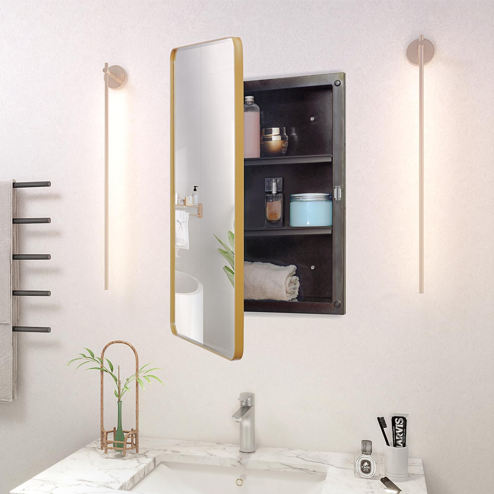 Amazon.com: Yuyfcc Wood Medicine Cabinet Wall Mount Bathroom Mirror ... inside Kato Collection Medicine Cabinet, Dorato