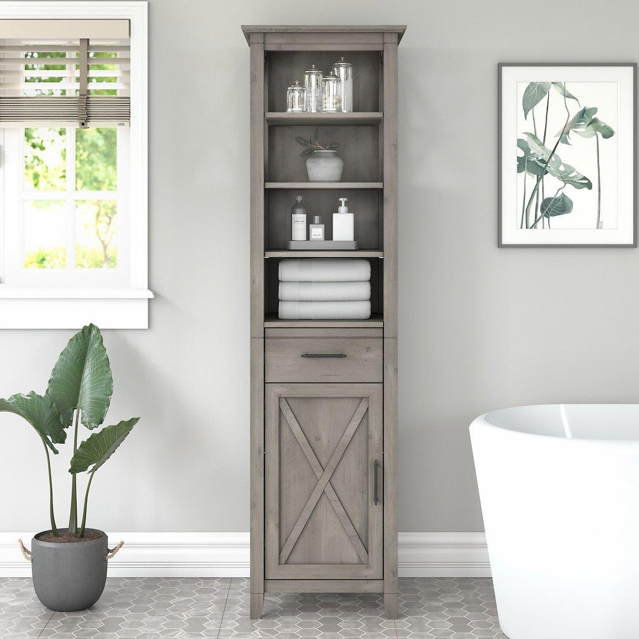 Bush Furniture Key West Tall Bathroom Storage Cabinet In Driftwood Gray ... with Smart Storage Secrets for Coastal Bathroom Cabinets