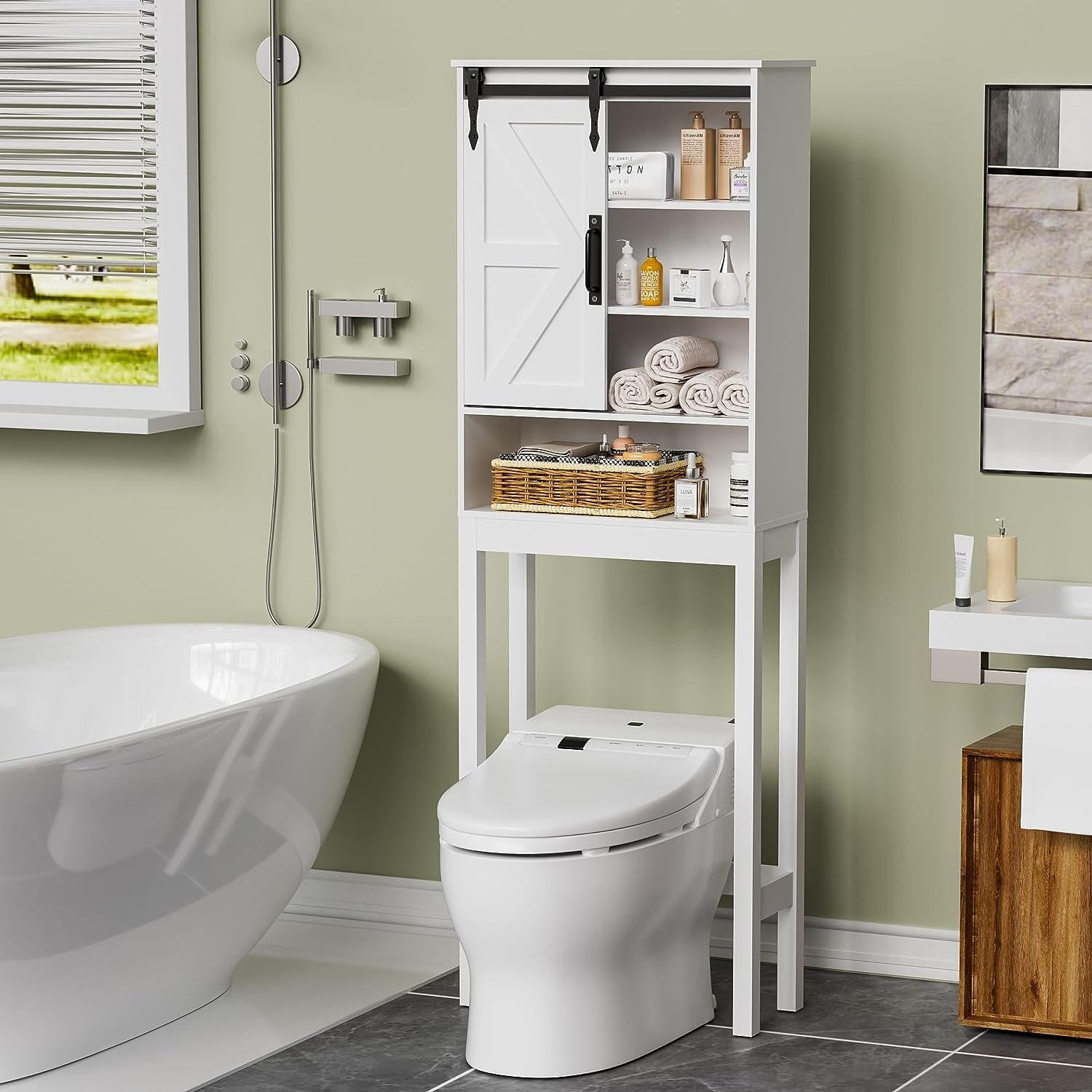 Costway Over-The-Toilet Storage Cabinet Bathroom Organizer W/ Sliding ... with 65" Tall Neutral Over-The-Toilet Bath Cabinet, Shelf And Two Doors