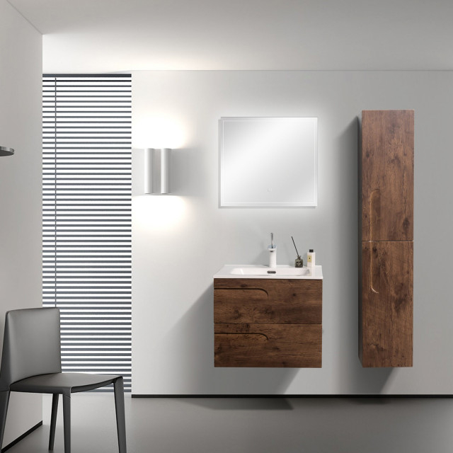Eviva Joy 32" Rosewood Wall Mount Bathroom Vanity With White Integrated ... with Eviva Joy 12"Wx10"D Rosewood Wall-Mounted Linen Cabinet
