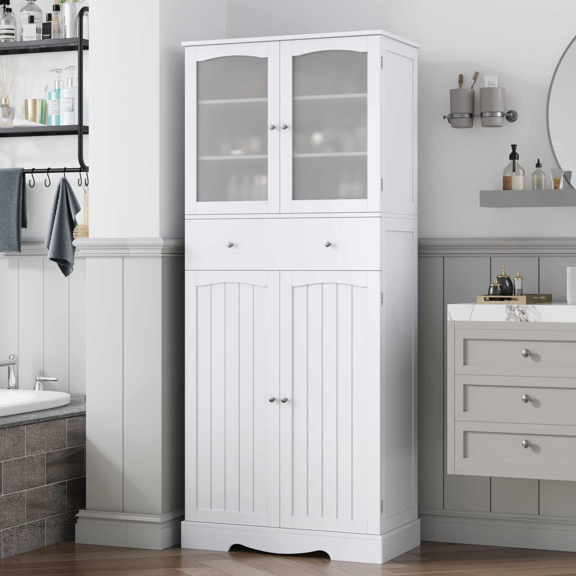 Homfa Tall White Bathroom Storage Cabinet, Floor Standing With Doors ... in Beautiful White Wood Bathroom Storage Floor Cabinet