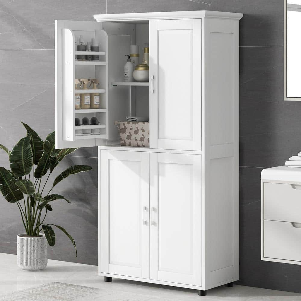 J&E Home White Wood Bathroom Floor Storage Cabinet With 4-Doors And ... intended for The Ultimate Guide to Stylish Bathroom Storage Solutions