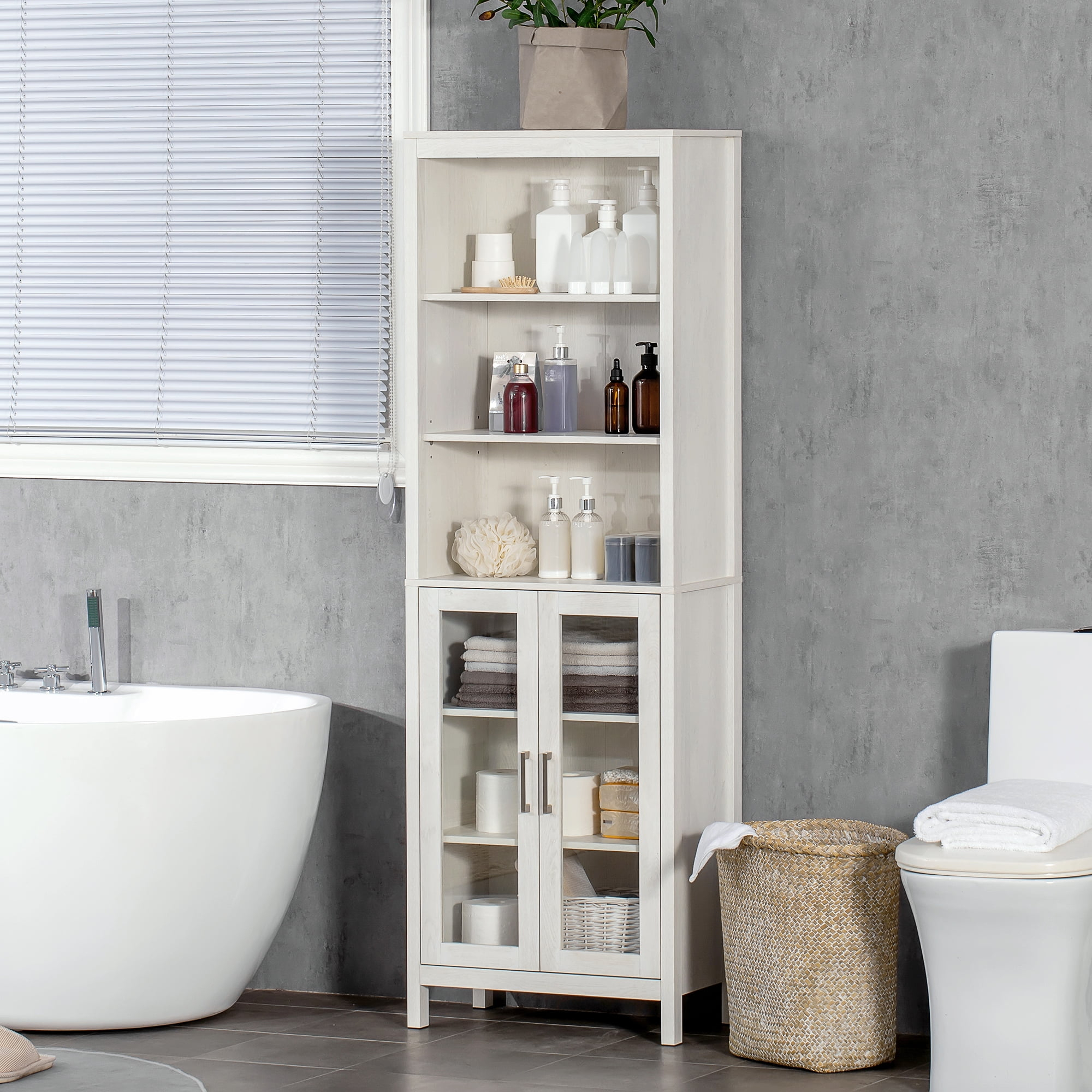 Kleankin Tall Bathroom Storage Cabinet With 3 Tier Shelf, Glass Door ... inside Newberry Tall Bathroom Storage Cabinet - Linen Tower, White