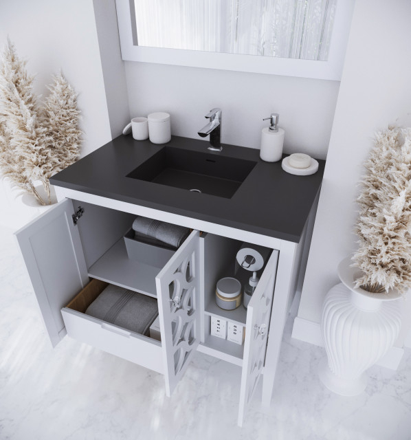 Mediterraneo 36" White Bathroom Vanity With Matte Black Solid Surface ... in Mediterraneo, 36" White Cabinet