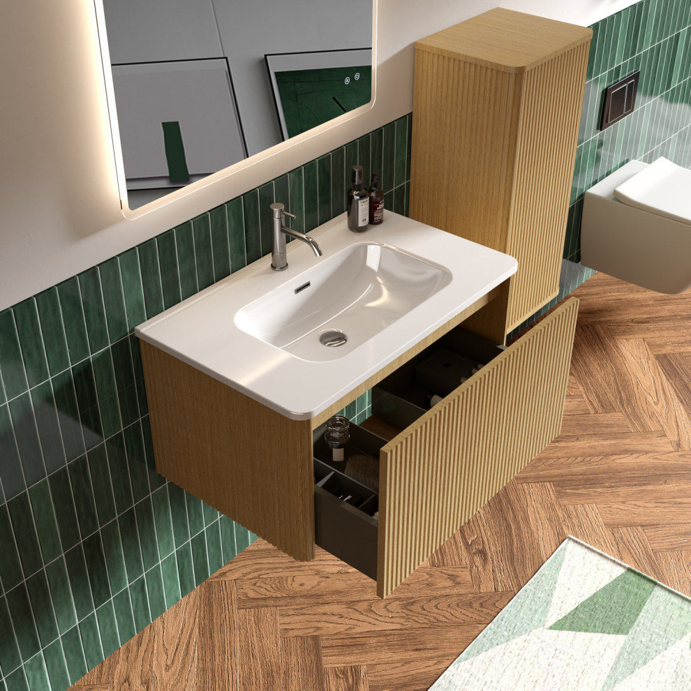 Modern Wall Mounted Bath Vanity, Integrated Sink, 30"W - Transitional ... for Modern Wall Mounted Bath Vanity, Integrated Sink, Walnut, 30"H