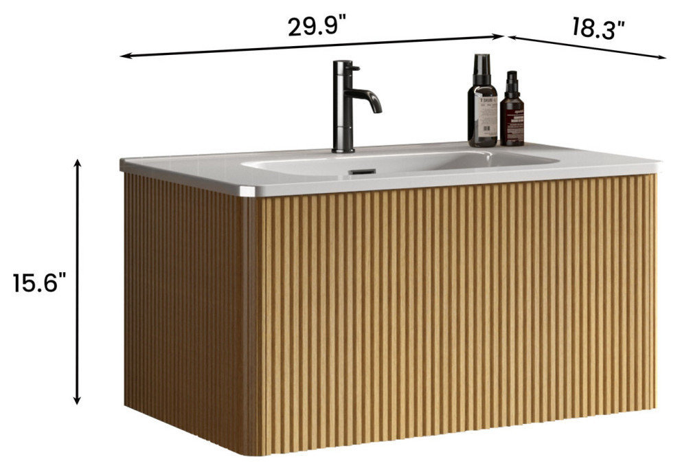 Modern Wall Mounted Bath Vanity, Integrated Sink, 30"W - Transitional ... regarding Modern Wall Mounted Bath Vanity, Integrated Sink, Walnut, 30"H