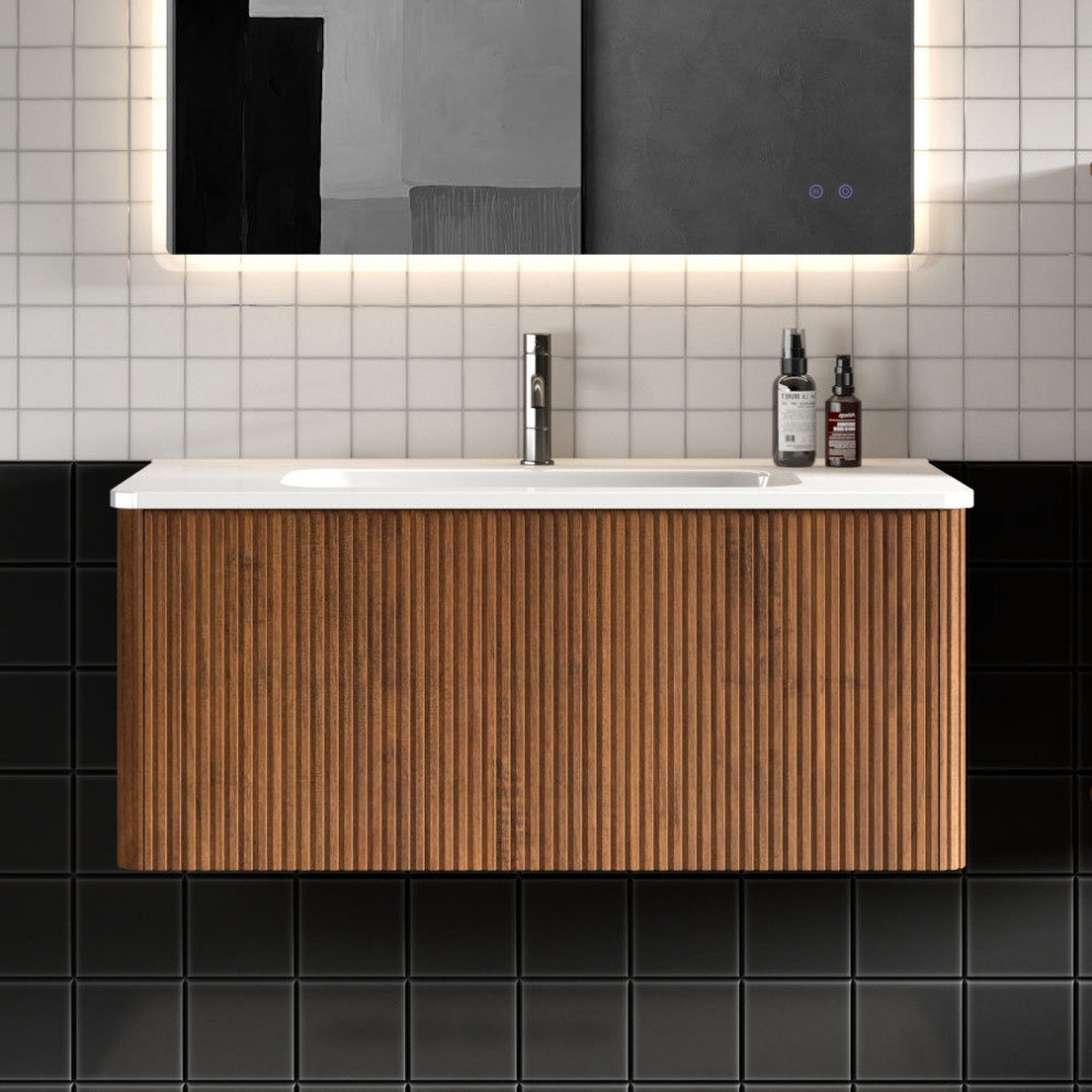 Modern Wall Mounted Bath Vanity, Integrated Sink, 36"W - Transitional ... inside Modern Wall Mounted Bath Vanity, Integrated Sink, Walnut, 30"H