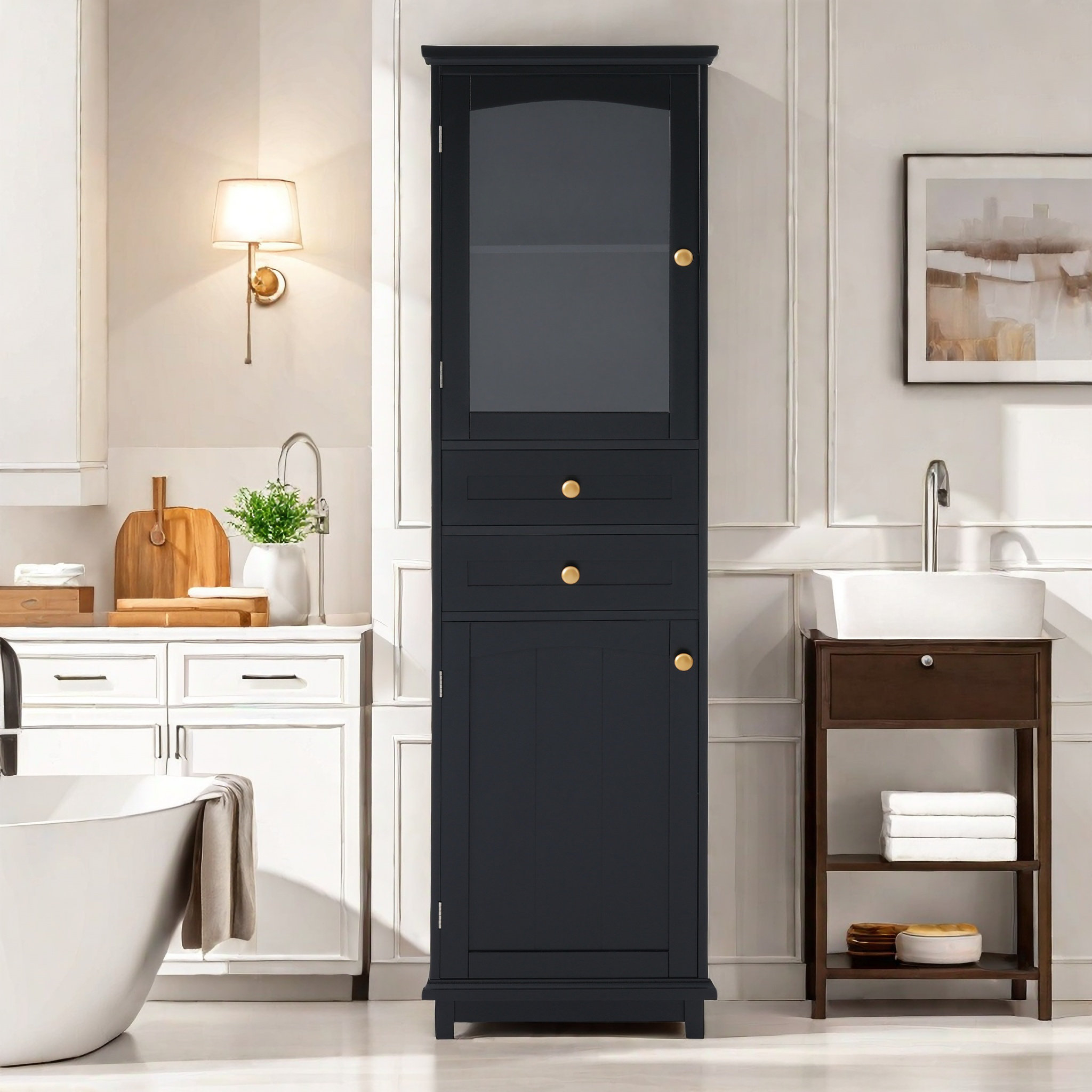 Red Barrel Studio® Tall Bathroom Storage Cabinet With Glass Door And 2 ... intended for Expert analysis of Gewnee 63 inch bathroom storage cabinet construction quality