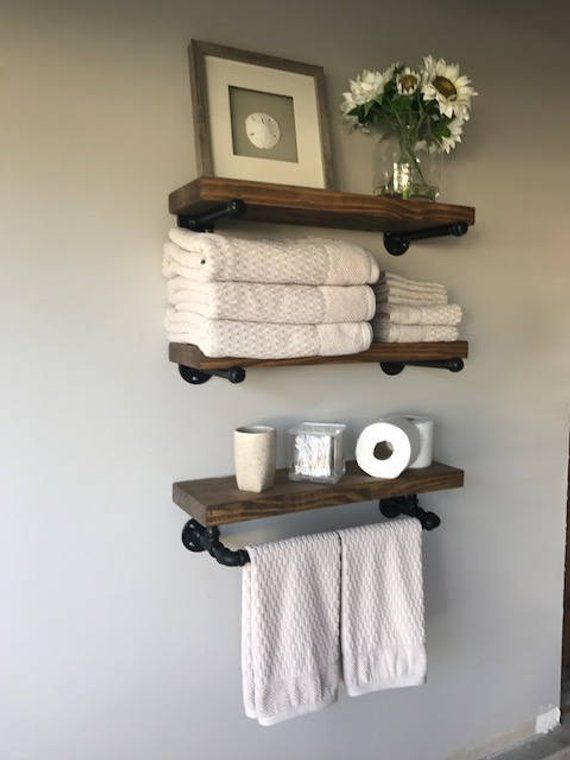 Rustic Floating Shelves W/Towel Bar Set Of 3 8 Deep | Etsy Hang Towels ... intended for Bathroom Essentials - 24" Rustic Shelf W/ 18" Towel Bar
