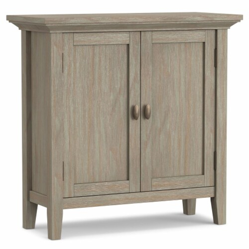 Simpli Home Redmond Solid Wood 32 Transitional Low Storage Cabinet In ... with regard to Pemberly Row Coastal Wood Tall Cabinet In Distressed Gray/Gold