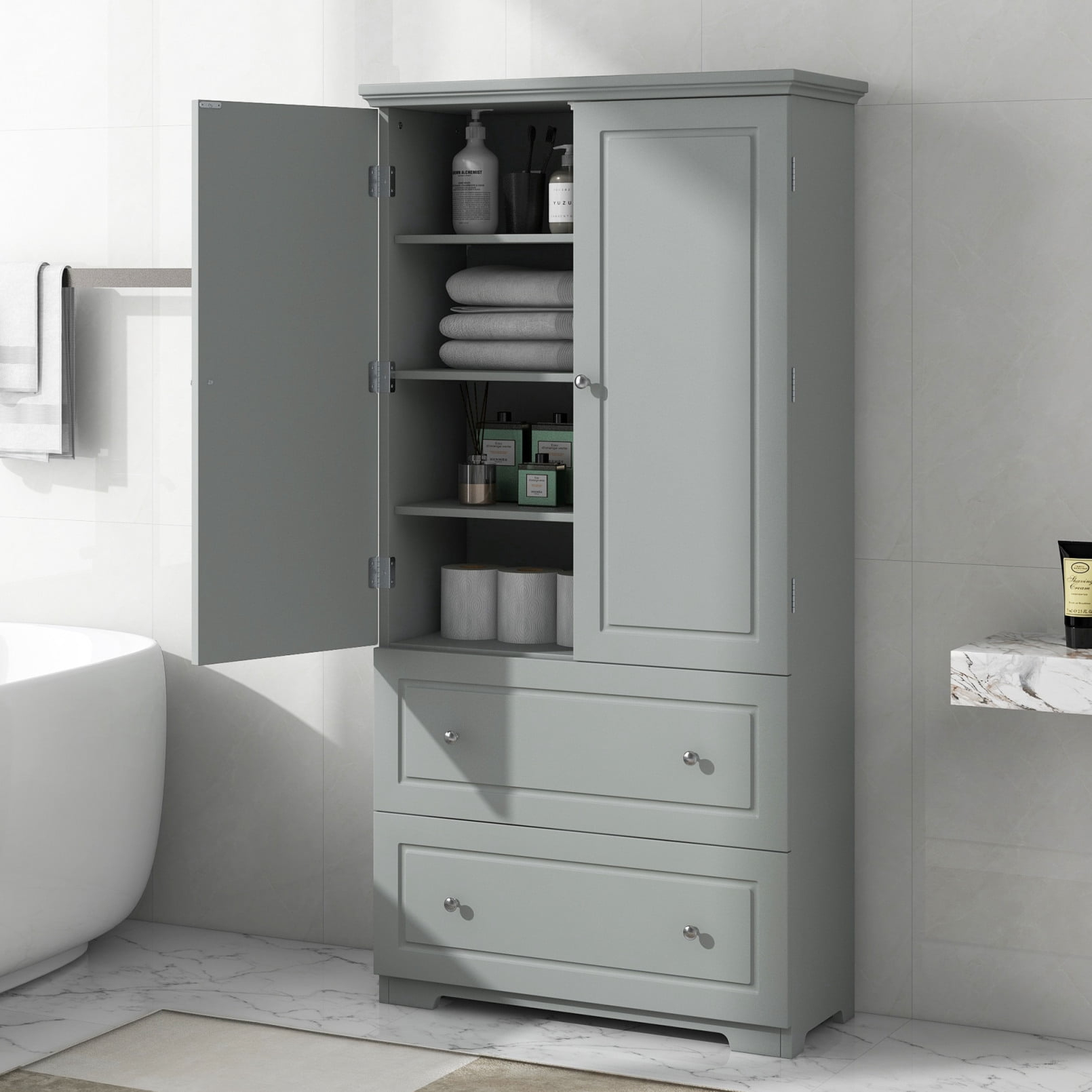 Tall Bathroom Storage Cabinet With 2 Doors, Freestanding Bathroom ... within How 52 Tall Wood 1-door Bath Cabinet Can Transform Your Bathroom Layout