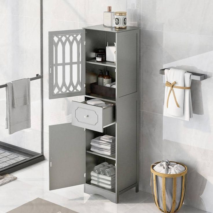Urtr Gray Storage Cabinet With 2 Doors &1 Drawer, Tall Bathroom Cabinet ... pertaining to Attractive 2-Door Bathroom Storage Floor Cabinet