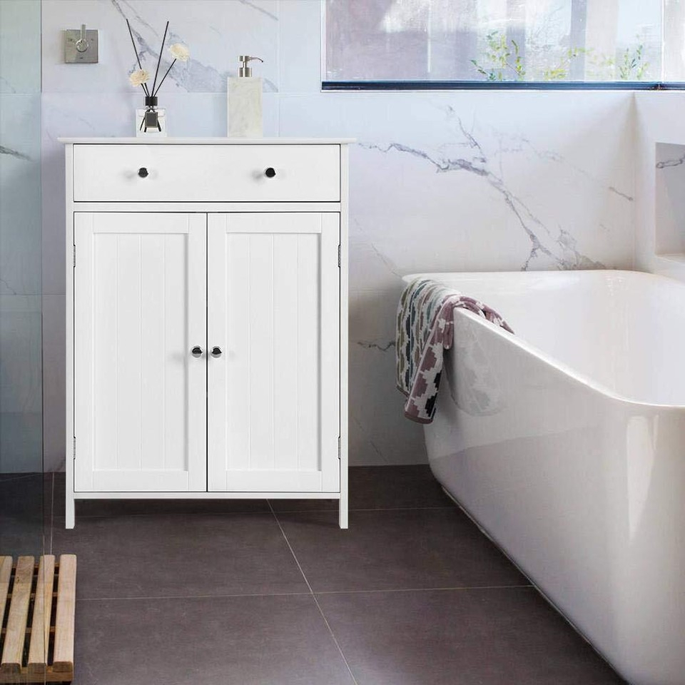 White Wooden Bathroom Floor Cabinet Storage Cupboard W/ Shelves For ... within Beautiful White Wood Bathroom Storage Floor Cabinet