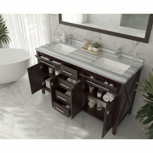 Wimbledon - 60 - Brown Cabinet + White Stripes Marble Countertop, 1 ... in Wimbledon, 36" Brown Cabinet