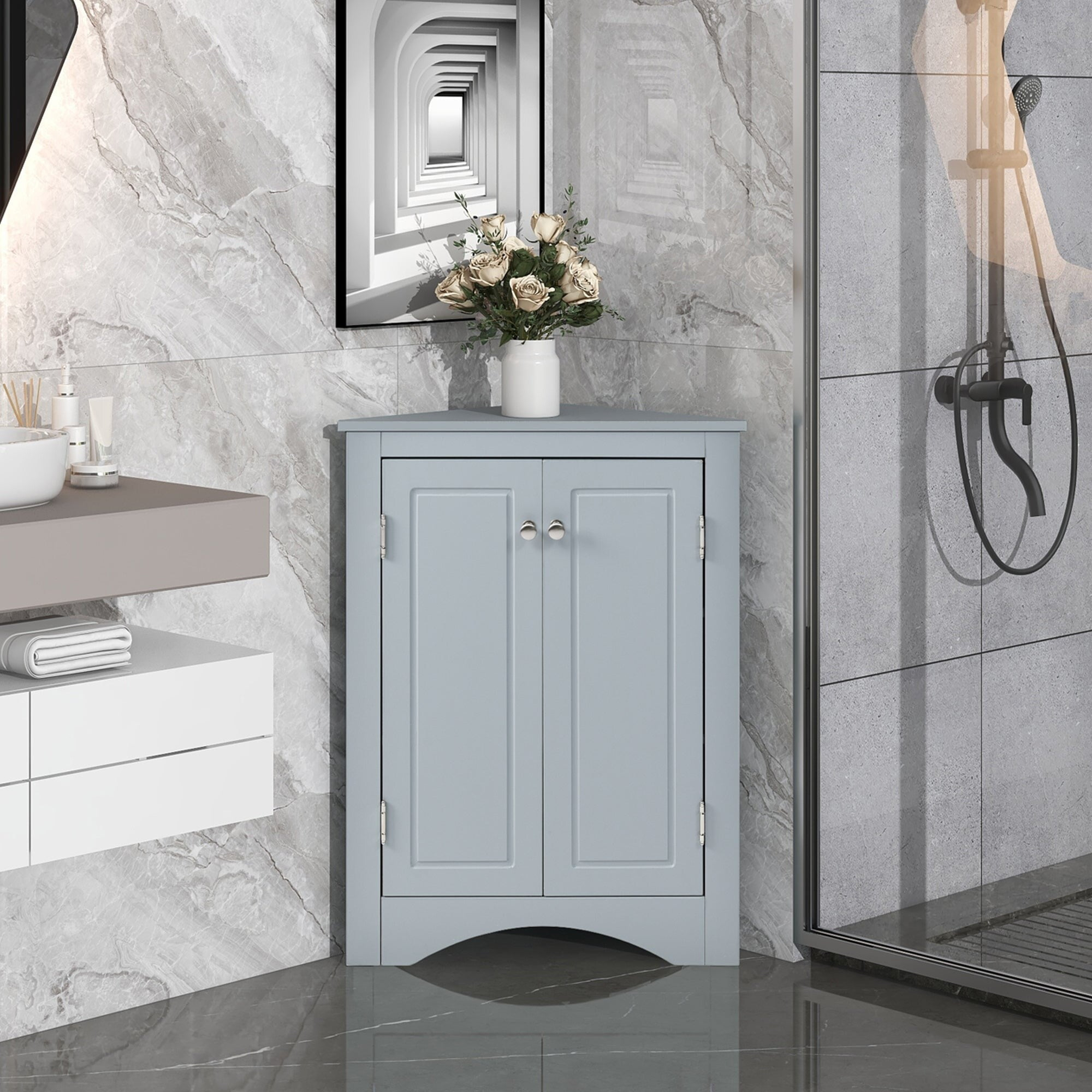 32" Wood 2-Door Bathroom Corner Cabinet With Adjustable Shelves Blue ... pertaining to How to Choose the Right 32 Tall Wood 2 Door Bath Cabinet for Your Space