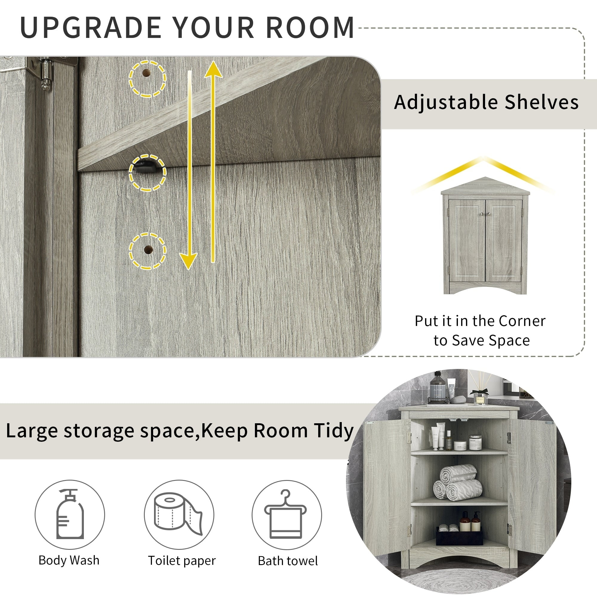 32" Wood 2-Door Bathroom Corner Cabinet With Adjustable Shelves Oak ... pertaining to 32" Tall Wood 2-Door Bath Cabinet