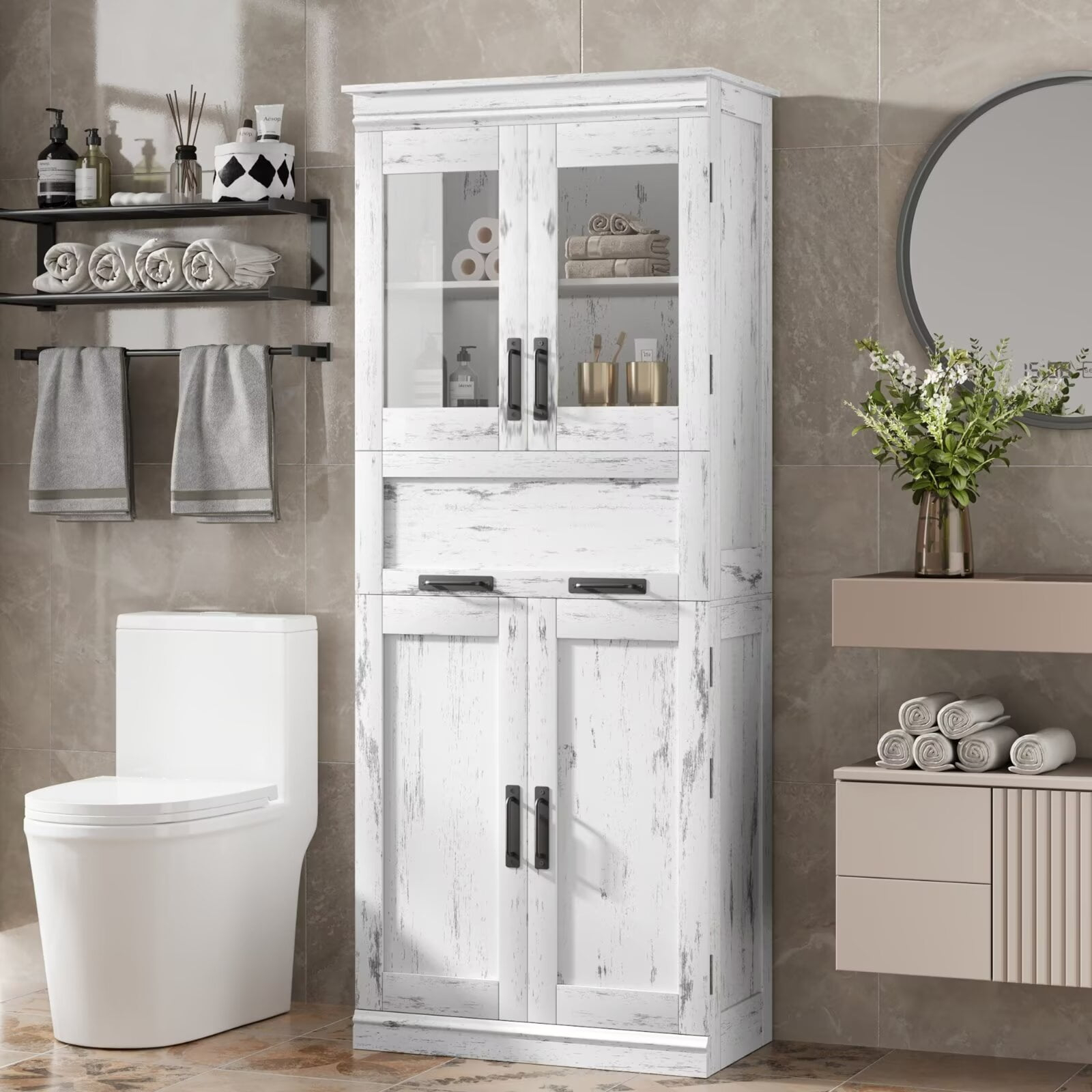 67" Tall Bathroom Cabinet, Freestanding Linen Cabinet With Doors And ... pertaining to 30" W X 72" H Freestanding Bath Cabinet