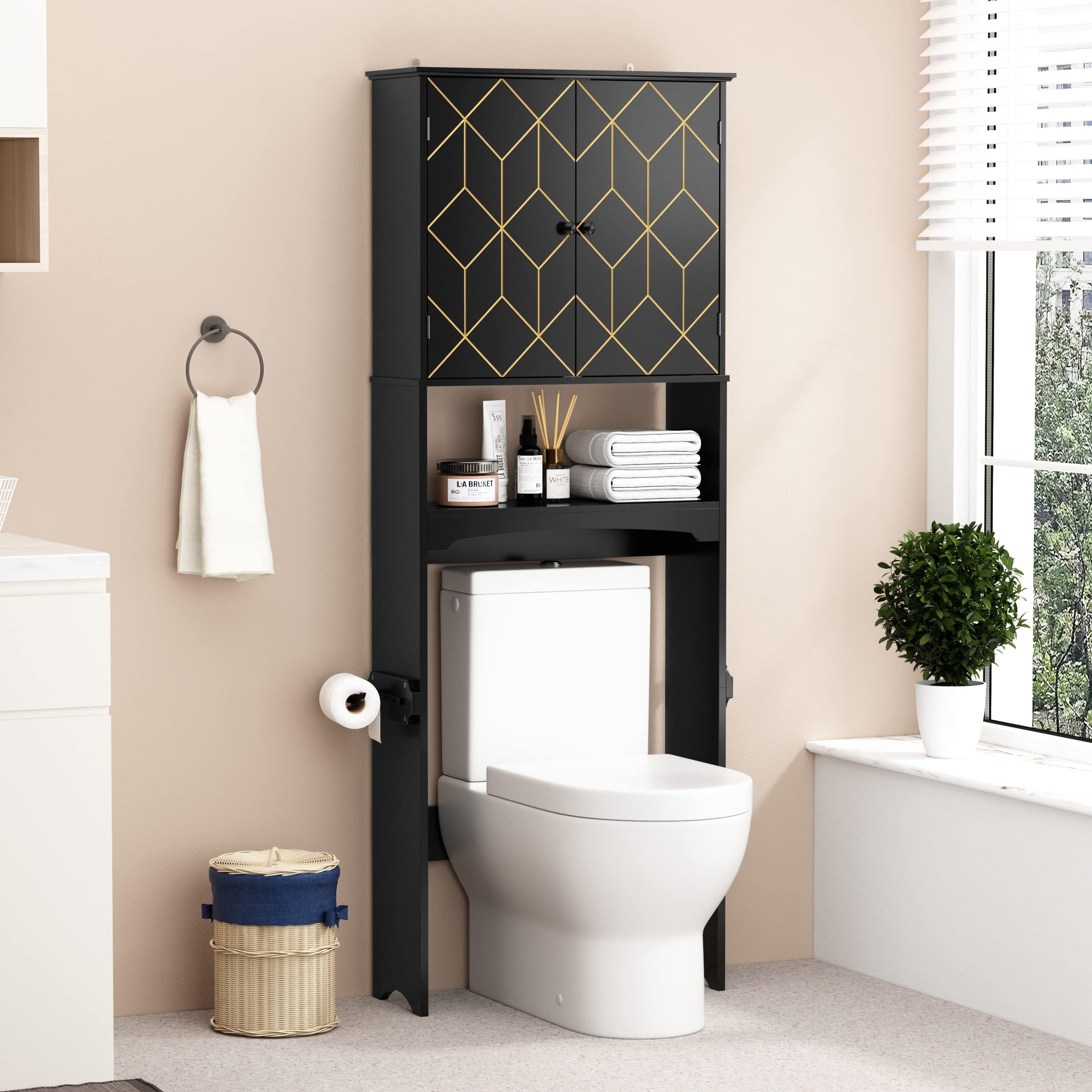 Amazon.com: Azody Over The Toilet Storage Cabinet With Gold Trim ... for Over The Toilet Storage Cabinet, Space-Saving Bathroom Storage Cabinet, Elements 2